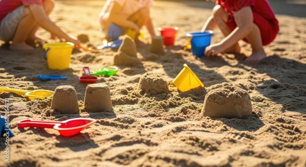 Fototapeta Children Building Sandcastles With Colorful Toys on Sunny Sandy Beach at Summer Seaside With Bright Light