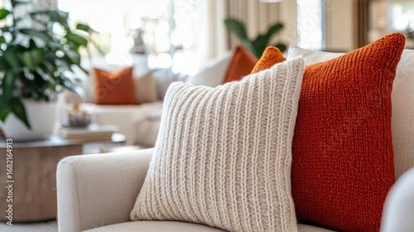 Fototapeta Elegant Interior of a Modern Living Room with Textured Beige and Orange Pillows on a Sofa with Natural Light