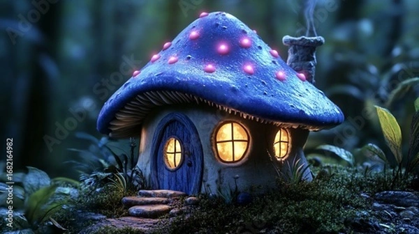Fototapeta A whimsical mushroom house with a glowing cap, circular windows, and a smoking chimney nestled in a lush forest