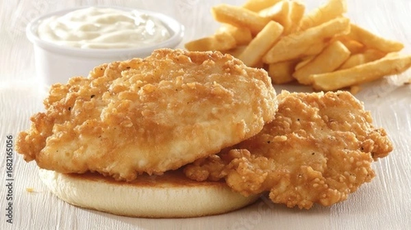 Fototapeta Crispy Golden Fried Fish Fillets on Bun with Fries and Creamy White Sauce on White Wood Table in Warm Light