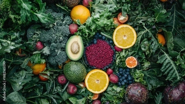 Fototapeta Vibrant Assortment of Fresh Fruits and Vegetables Featuring Kale Oranges Avocado Radishes Berries and Beets Arranged on a Dark Green Backdrop
