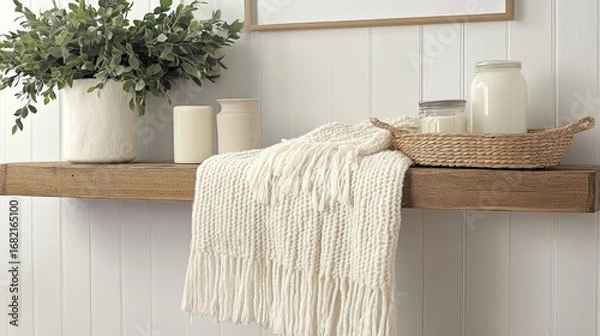 Fototapeta Rustic Wooden Shelf with White Knitted Blanket and Decorative Elements Against a White Panelled Wall in a Cozy Interior Scene with Natural Light