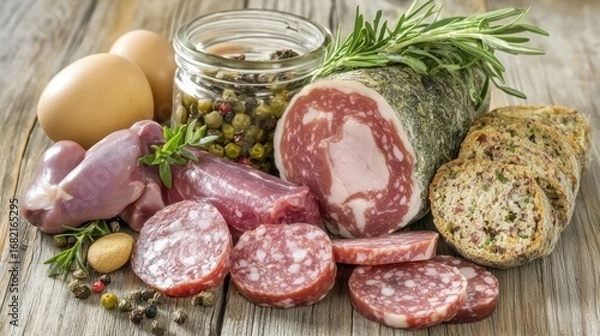 Fototapeta Assorted Meats and Eggs on Wooden Table with Cured Salami and Glass Jar of Pickled Green Vegetables and Herbs under Bright Natural Light