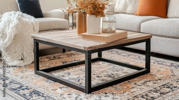 Fototapeta Square Coffee Table with Floral Centerpiece and Knitted Blanket in Neutral Colored Living Room With Patterned Rug