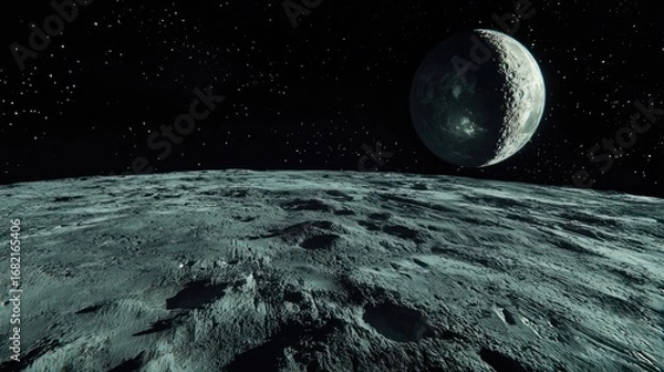 Fototapeta Detailed Lunar Surface with Craters and Rock Texture in Outer Space with Visible Stars