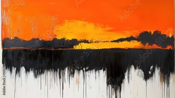 Fototapeta Abstract Landscape Painting with Vivid Orange Sky and Black Tree Silhouette Creating a Dramatic Sunset Impression