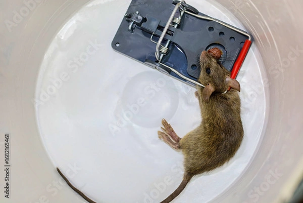 Fototapeta A dead rat caught in a snap trap inside a pail for removal.