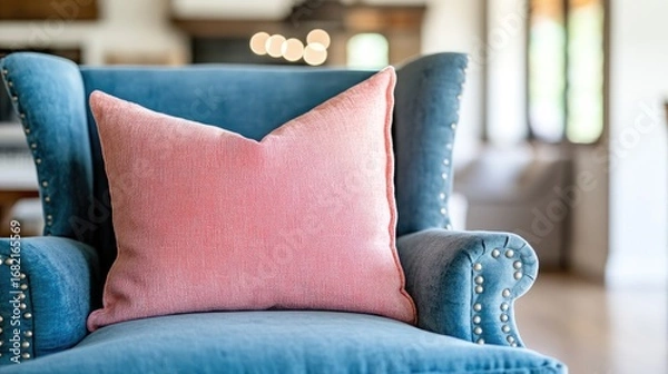 Fototapeta Blue Armchair with Rose Gold Sequin Pillow in Bright Home Interior Setting Creating a Cozy and Inviting Ambiance