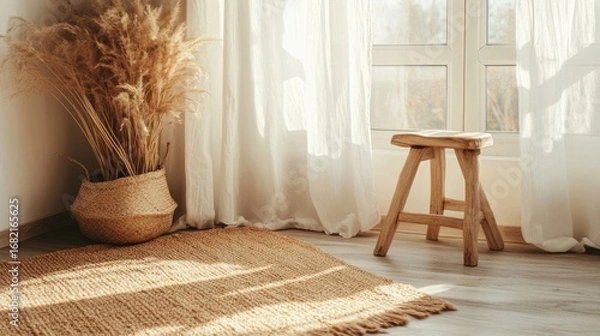 Fototapeta Bohemian Home Decor with Woven Rug Stool and Pampas Grass Near Window with Sheer Curtains in Bright Sunlight