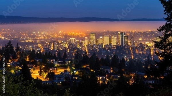 Fototapeta Illuminated Cityscape at Night Featuring Skyscrapers and Residential Area with Dense Tree Coverage During Dusk Under a Foggy Sky