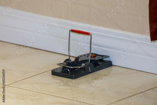 Fototapeta A rat snap trap with a piece of beef jerky stick for bait inside a house.