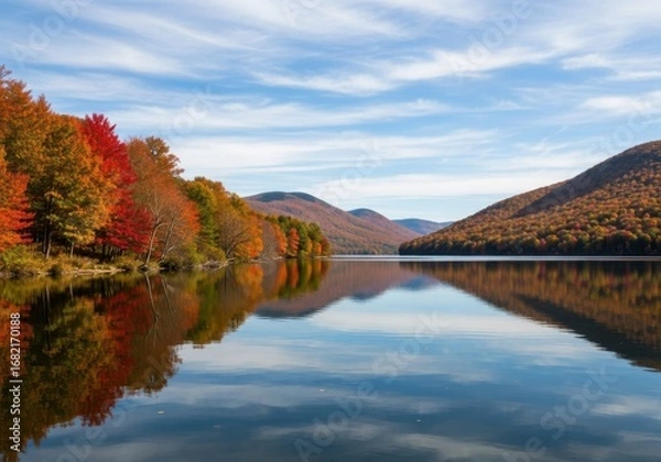 Fototapeta Autumn foliage reflects on a calm lake with mountains