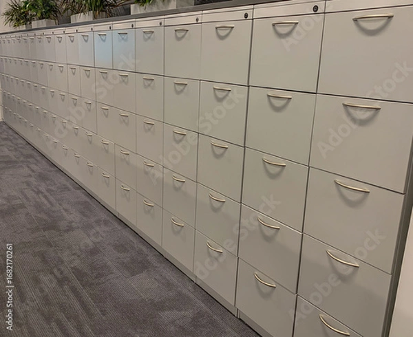 Fototapeta Row of vertical file cabinets for document organization.