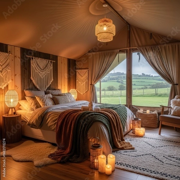 Obraz Cozy bedroom interior with bed, lamps, blankets and view of green fields through large window 100c