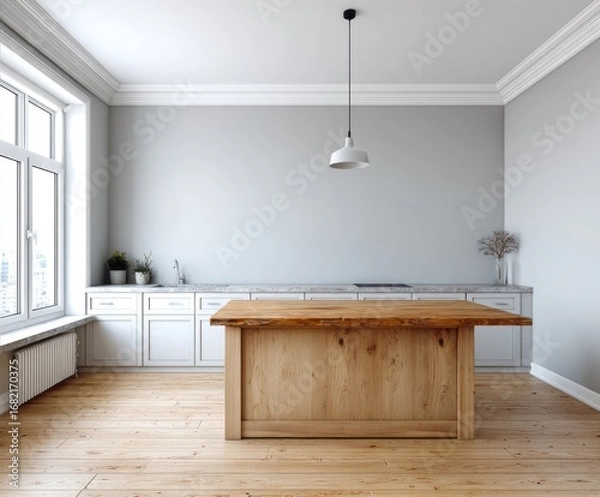Fototapeta A light-filled modern kitchen boasts a large wooden island, perfectly complementing the neutral color palette and ample window light.