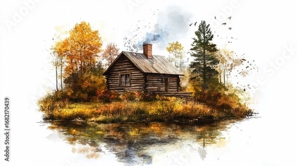 Obraz Rustic log cabin with smoke billowing from the chimney, surrounded by vibrant autumn foliage and reflected in still water