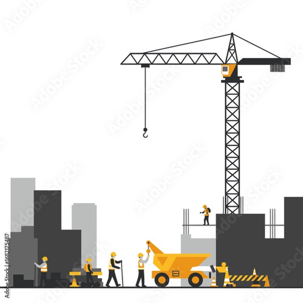 Obraz Construction Workers Building a Cityscape with a Crane