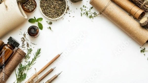 Fototapeta traditional medicine items, such as herbal tinctures and ancient scrolls, placed with academic achievement symbols like diplomas and pens, set against a white background with ample space for text,