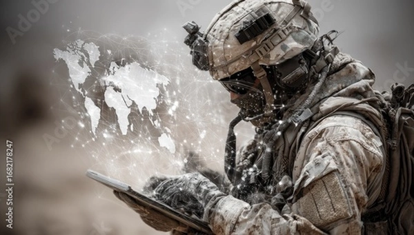 Fototapeta Soldier uses tablet, global map overlay