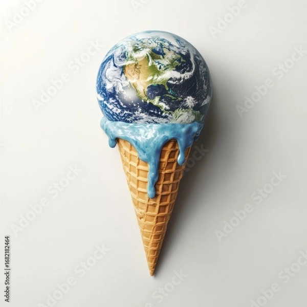 Fototapeta Earth as an ice cream melting with blue liquid on a cone against a plain white background shot in studio