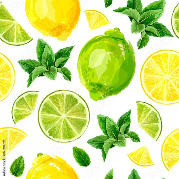 Fototapeta Seamless pattern with citrus fruits. Lime, lemon and mint on white background. Watercolor collection