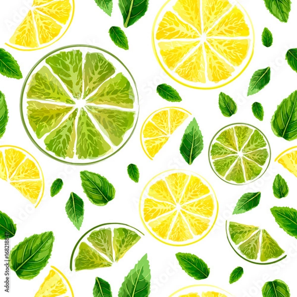 Fototapeta Seamless pattern with slices of lime, lemon and mint leaves on white background. Watercolor collection