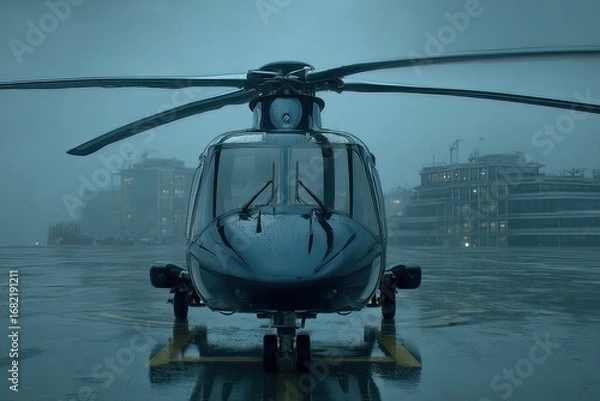 Fototapeta Dark helicopter on wet tarmac in a drizzle