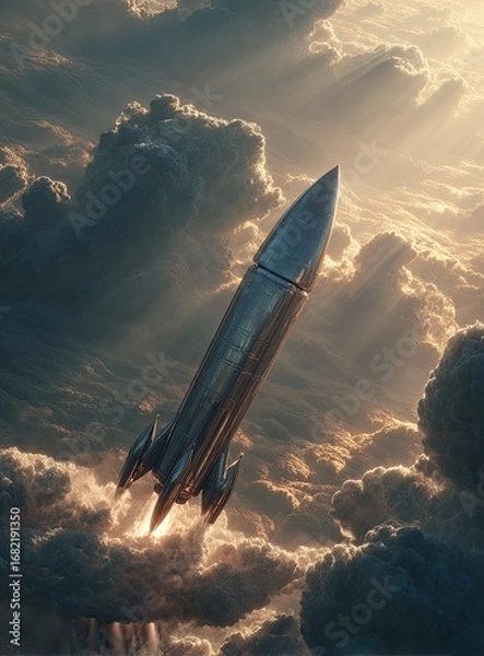 Fototapeta Rocket launching through dramatic clouds