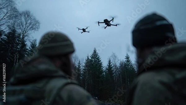 Fototapeta Military personnel observe drones in a forested area