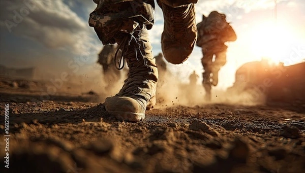 Fototapeta Soldiers running through dusty terrain