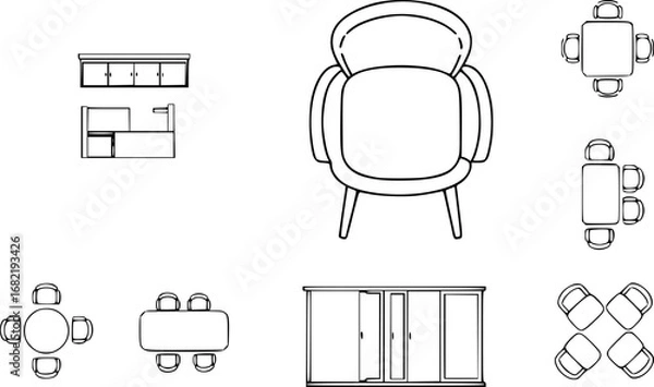 Fototapeta Family room furniture outline top view. Floor plan icons set for design interior and architectural project. Furniture thin line icon in top view for layout.