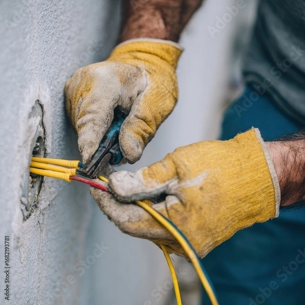 Obraz Skilled electrician works on wiring installation in residential building during daylight hours