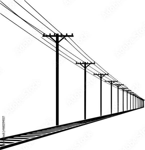 Fototapeta Black and white railway tracks with electric poles vector design. High-contrast railway tracks and power lines silhouettes vector. Silhouette train tracks and utility poles vector