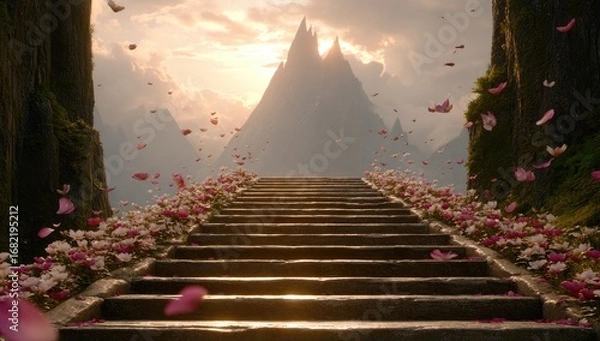 Fototapeta Scenic steps leading to mountains, adorned with flowers and petals