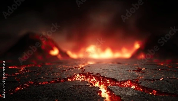 Fototapeta Volcanic landscape of cracked earth. Fiery lava flows