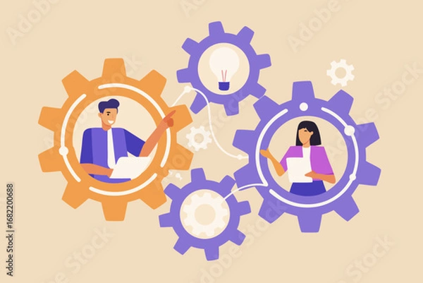 Fototapeta Business people collaborating and sharing ideas within a connected gear system symbolizing teamwork and innovation