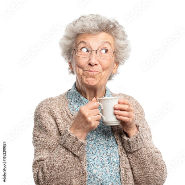 Obraz Playful Senior Woman Holding a Mug on Transparent Background