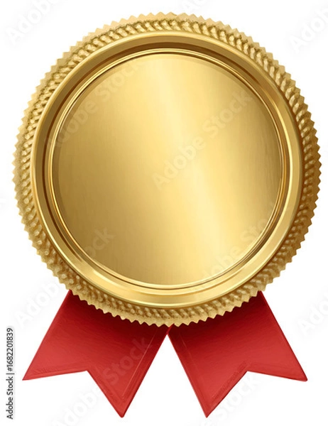 Fototapeta A golden award seal for recognition, featuring a circular design and vibrant red ribbons, symbolizing achievement and honor.