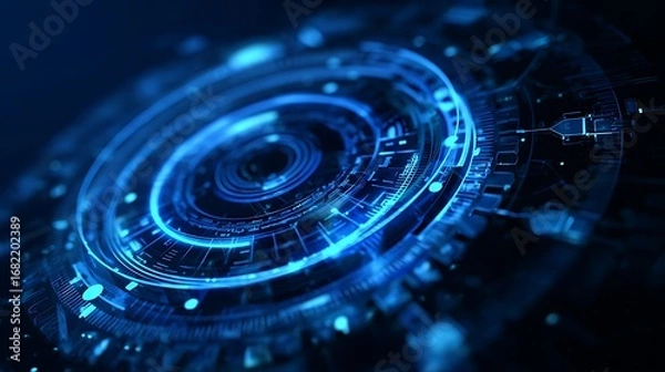 Fototapeta A futuristic blue circular design with intricate details and a dark background, tech interface look
