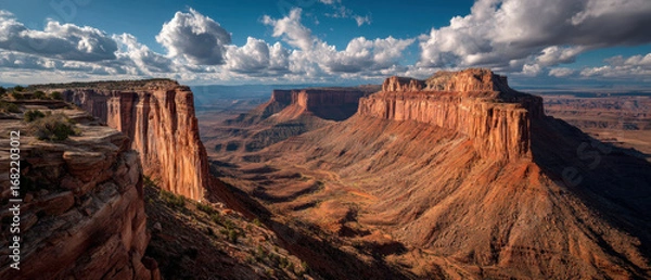 Fototapeta Expansive canyon with dramatic layered rock formations under cloudy sky