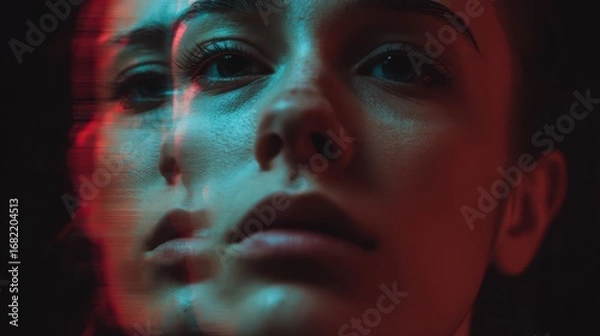 Obraz Close-up double-exposure portrait of a woman's face with RGB glitch, a single tear, and moody cyan-red cinematic lighting - surreal and introspective.