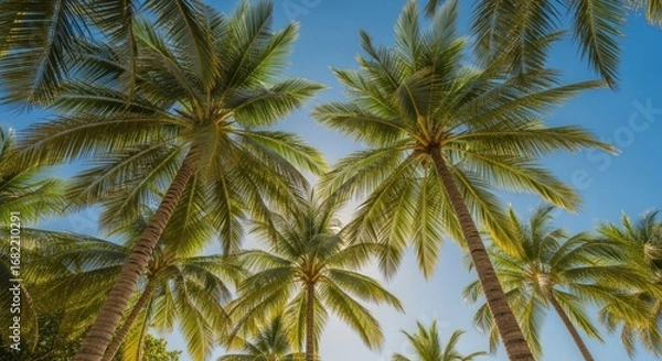 Fototapeta Looking up at lush green palm trees against a clear blue sky, evoking a sense of tropical paradise, summer vacation, and serene relaxation.