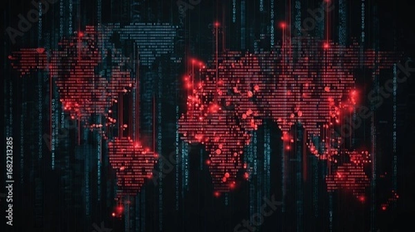 Fototapeta Global cyber threat detected with alarming red digital map highlighting widespread data breaches and network vulnerabilities across interconnected world