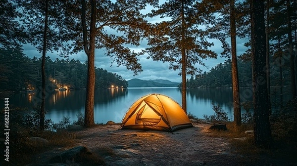 Fototapeta Illuminated tent by tranquil lake at dusk.