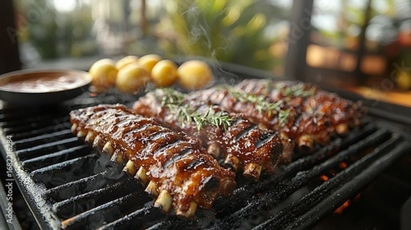 Fototapeta BBQ ribs grilling on a charcoal grill with potatoes and sauce.