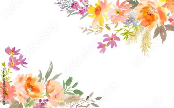 Fototapeta Watercolor autumn floral drop background with abstract hand painted orange peonies, dahlias and wild flowers for banner and post card. Fall floral background. Vector files.