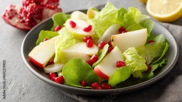 Fototapeta Healthy recipes using fruit, gluten free. Fresh salad with lettuce, apples, and pomegranate seeds in a black bowl.