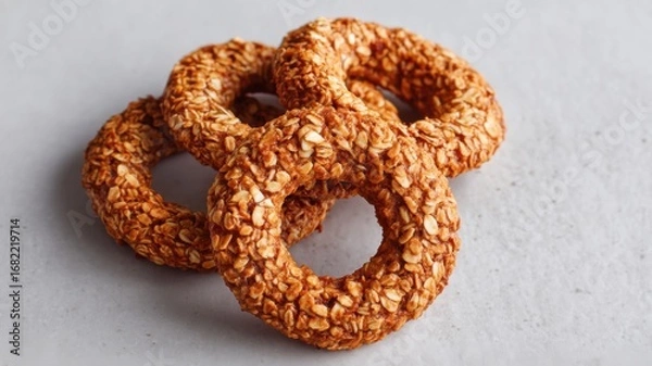 Fototapeta Healthy recipes using fruit, gluten free. Three toasted oat rings stacked together on a light surface.