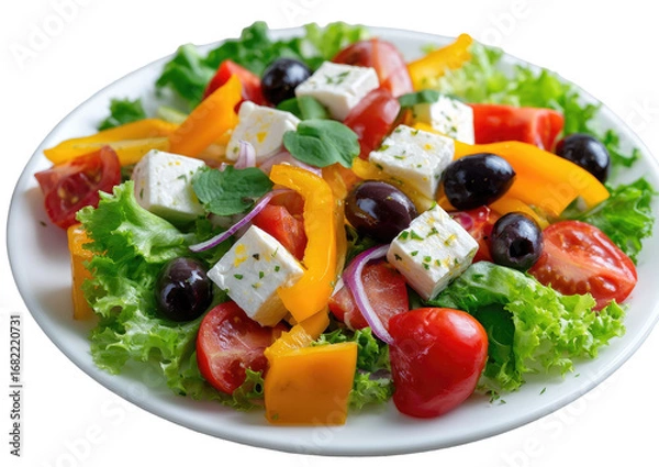 Obraz Fresh salad with feta, vegetables, and olives on a white plate