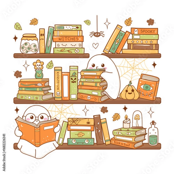 Fototapeta Halloween Bookshelf Hand Drawn Vector, Ghost Reading Halloween Cartoon Doodle Design